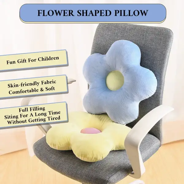 (Store Closing Sale) 2pc Cuddly Flower Shaped Throw Pillows, Blue/Yellow Decorative Daisy Floor Pillows for Bench Office Children's Gift, 15