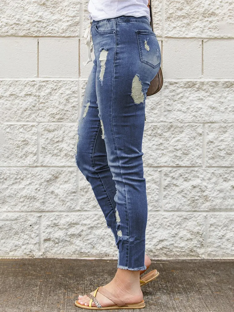 Women's vintage ripped drawstring jeans