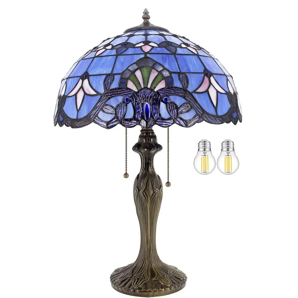 Tiffany Lamp Table Bedside Lamp Stained Glass Shade Metal Base 24