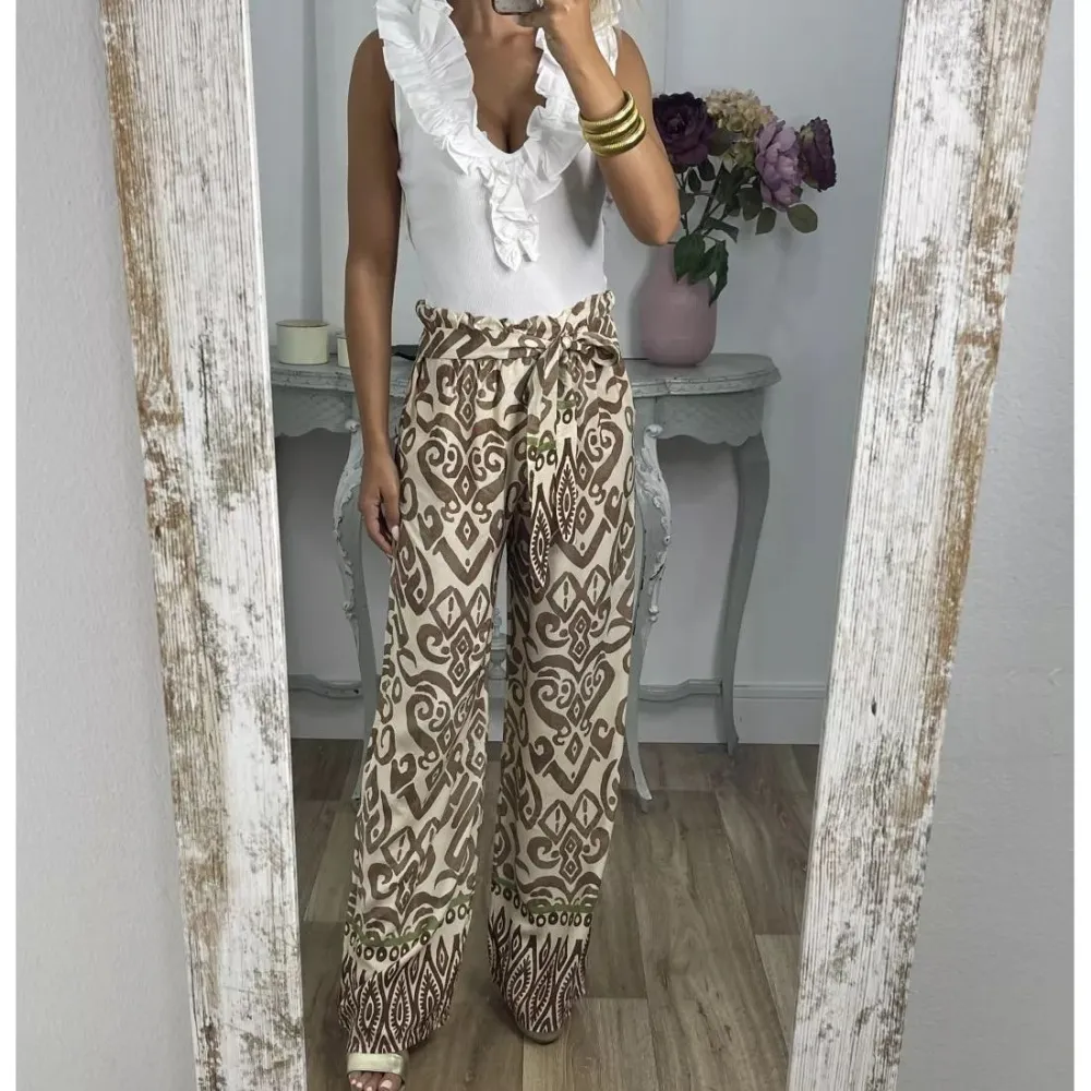 Summer printed belt loose casual trousers