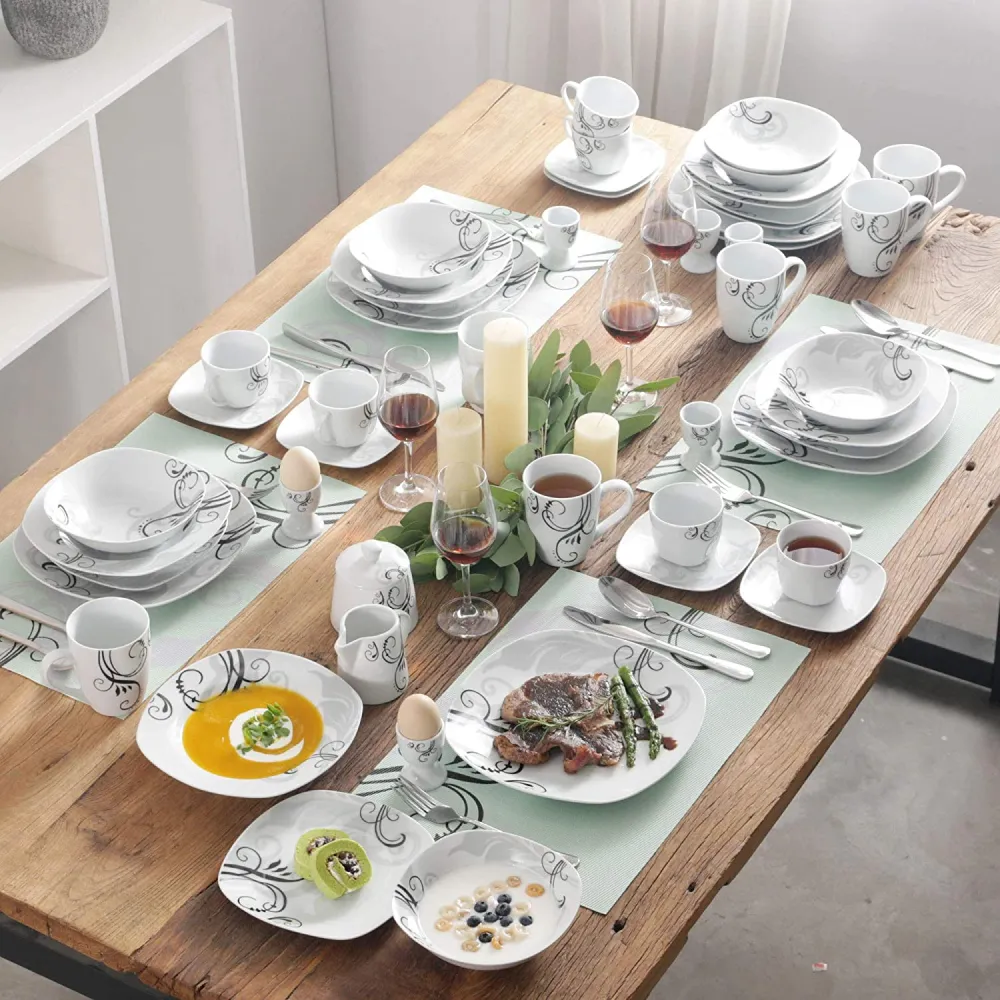 VEWEET, Series Fiona, 100-Piece Plates and Bowls Sets for 12, Including Porcelain Dishes Sets, Bowls, Mugs, Egg Cups, Cup and Saucer Set, Milk Jug and Sugar Pot Set, Microwave and Dishwasher Safe