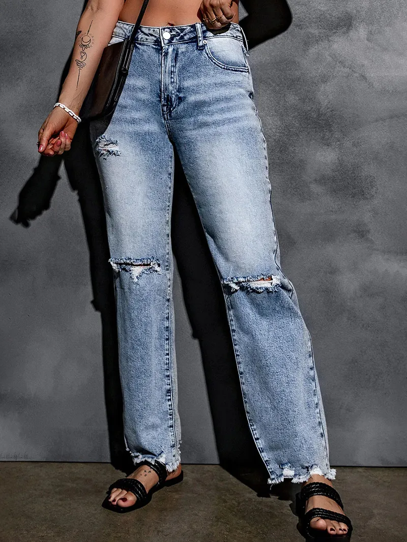 Women's casual ripped straight jeans