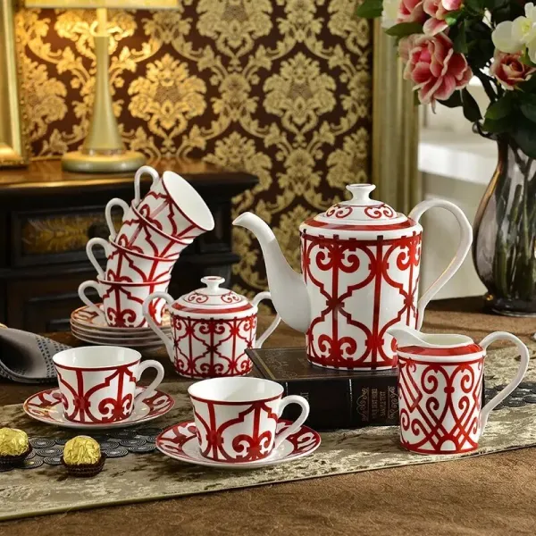 58pcs red window grilles porcelain plates and dishs bowl spoon dinner tableware set