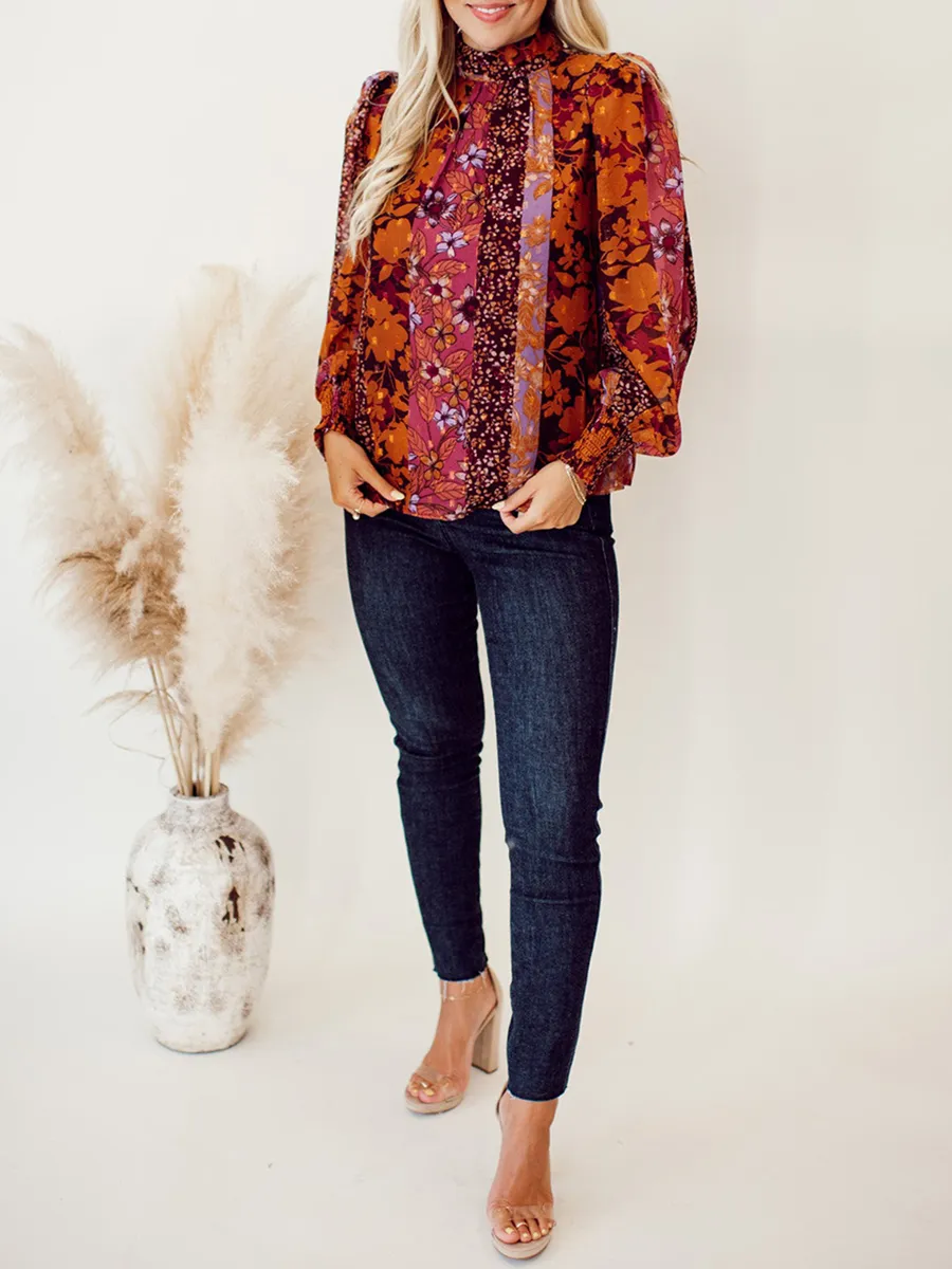 High neck autumn floral pattern shirt