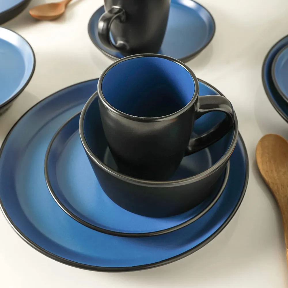 Stone Lain 32 Piece Glazed Stoneware Dinnerware Set, Service 8, Blue and Black