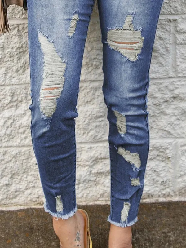 Women's vintage ripped drawstring jeans