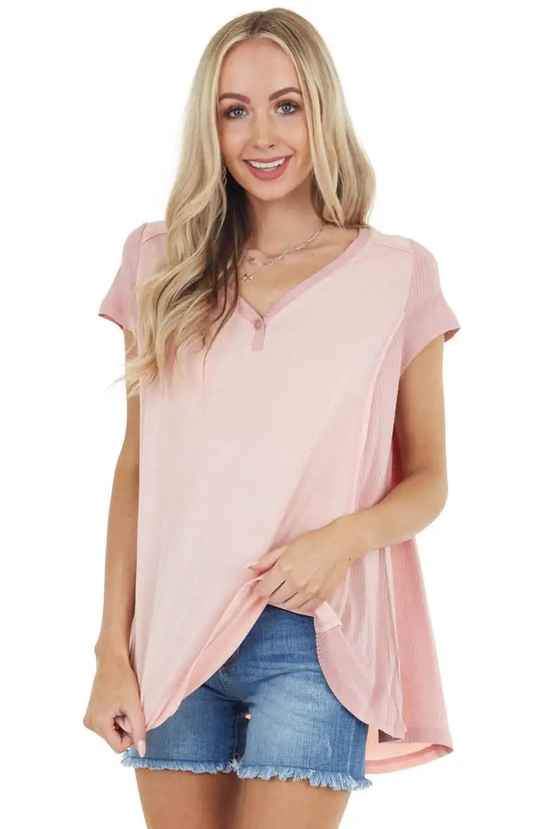 Baby Pink Short Sleeve Knit Top with Dusty Blush Contrast