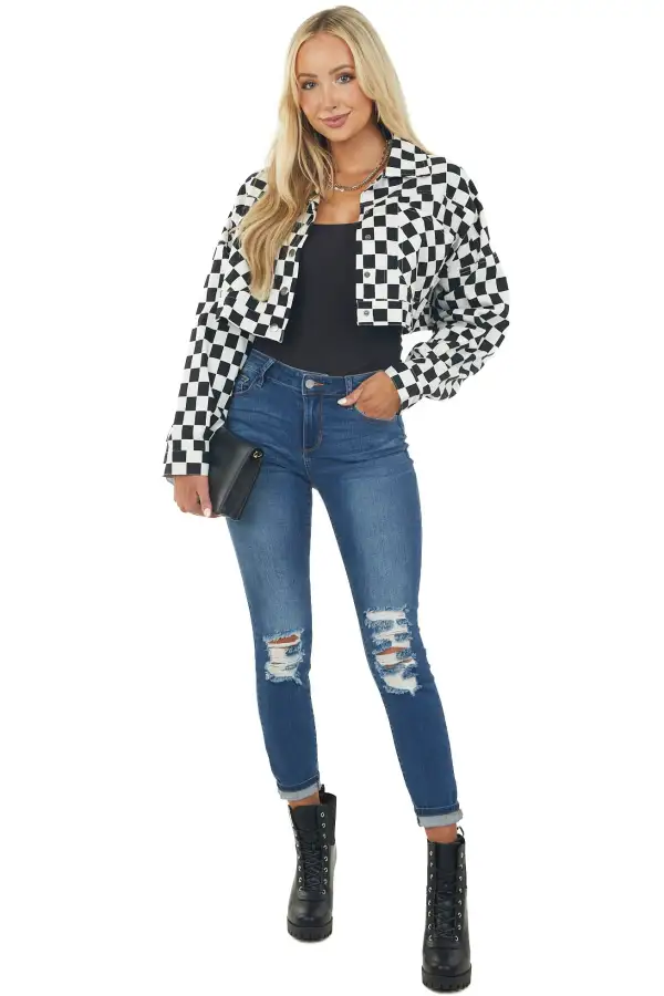 Black and Ivory Checkered Cropped Woven Jacket