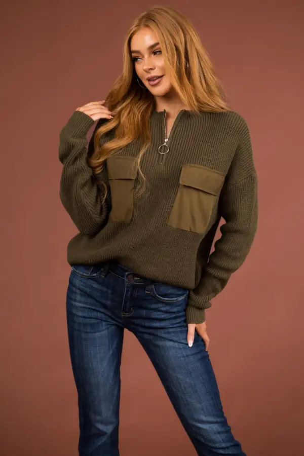 Army Green Half Zip Sweater with Front Pockets