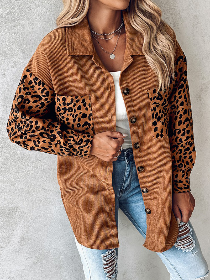 Casual leopard print patchwork corduroy jacket
