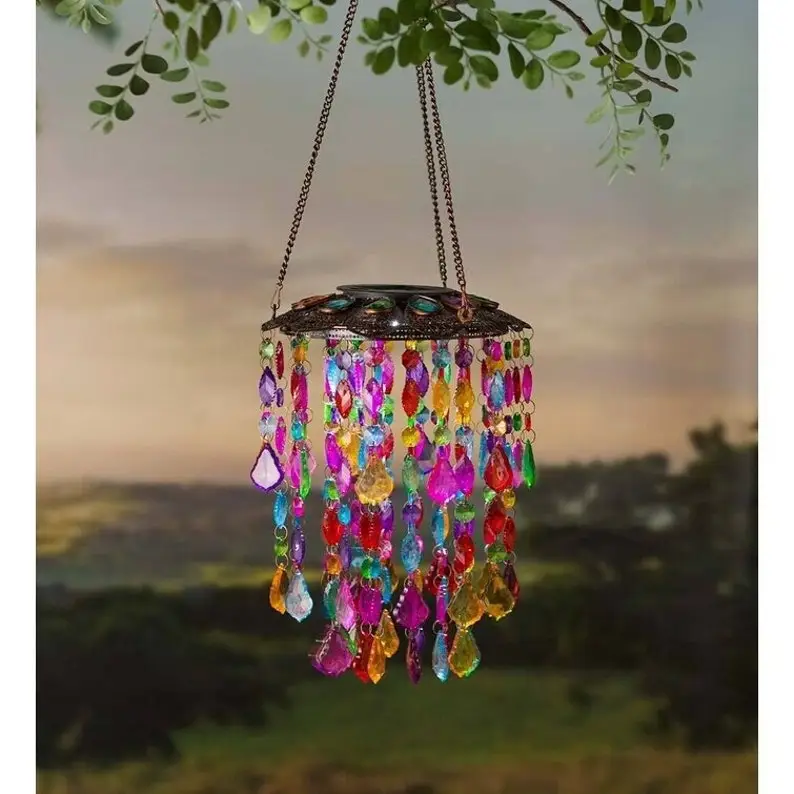 (Store Closing Sale) Solar Lighted Colorful Jewelry Beads Wind Chime, Aesthetic Dangling Beads Suncatcher Window Hanging, Outdoor Lantern Garden Patio Yard Decor
