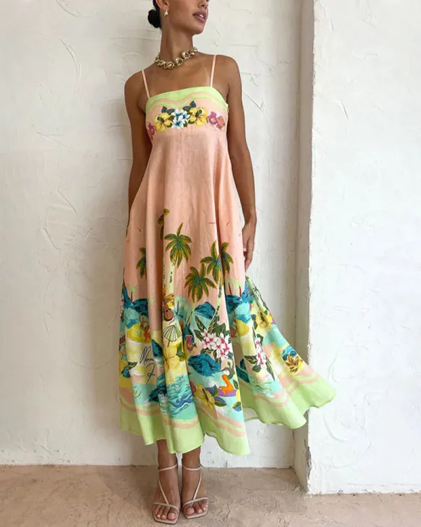 Summer High Waist Sling Print Casual Holiday Dress