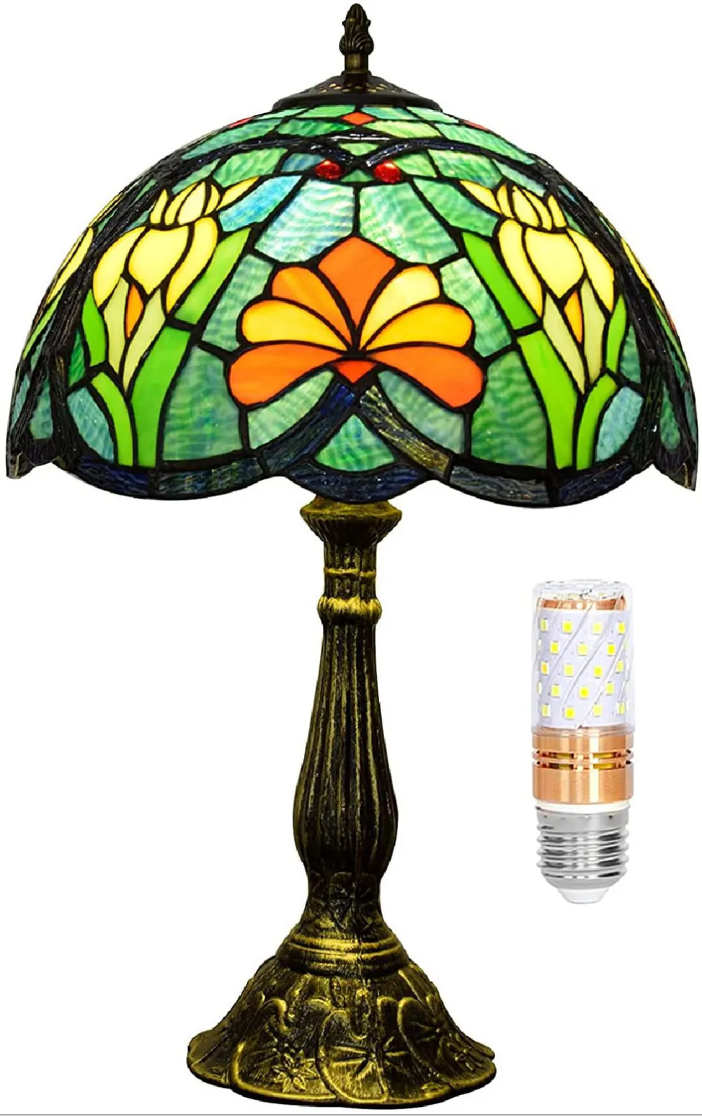 Tiffany Style Lamp Stained Glass Bedside Table Lamp Yellow Green Petal Reading Desk Light 18