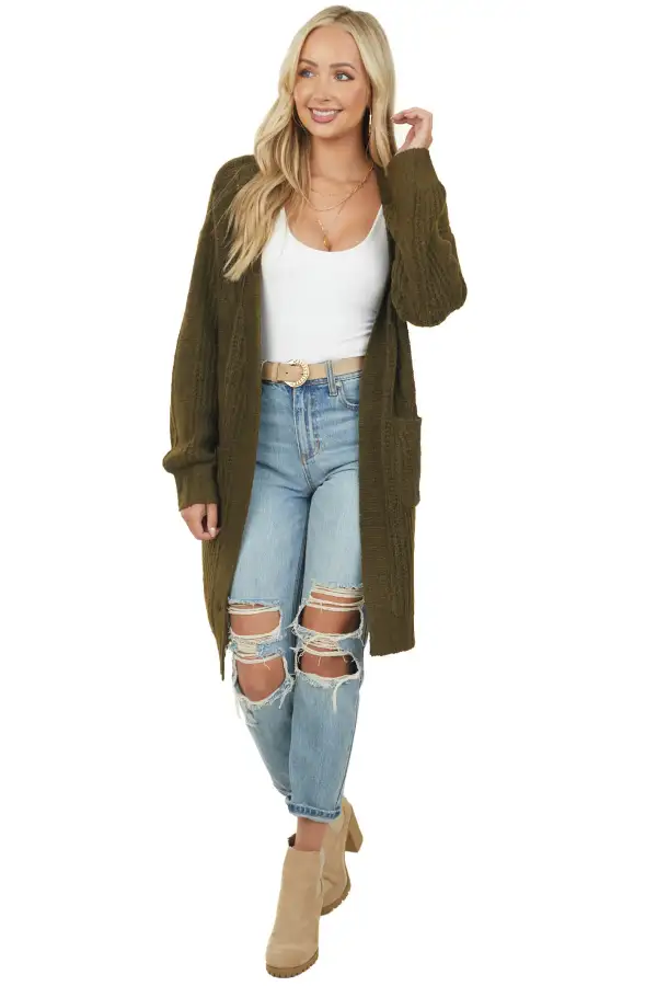 Army Green Open Front Twisted Knit Cardigan