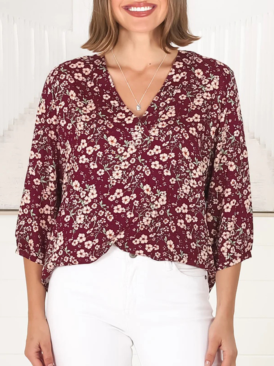 Burgundy short sleeve Bohemian floral shirt