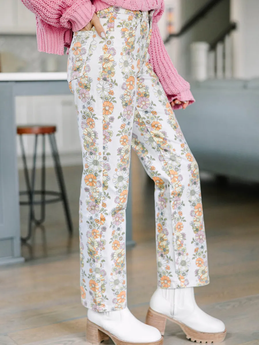 Ivory White Floral Pants