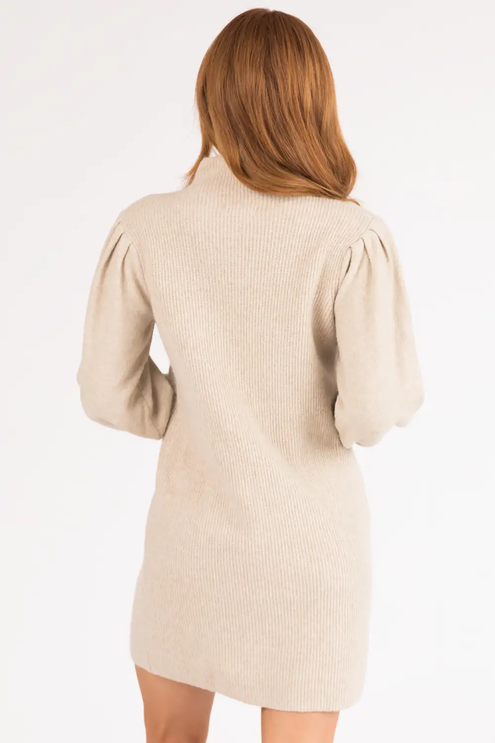 Beige Long Sleeve Mock Neck Knit Sweater Dress