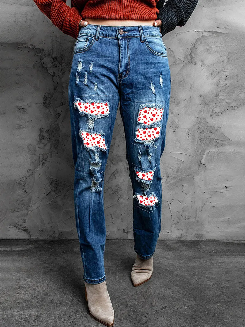 Women's Retro Distressed Heart Print Jeans