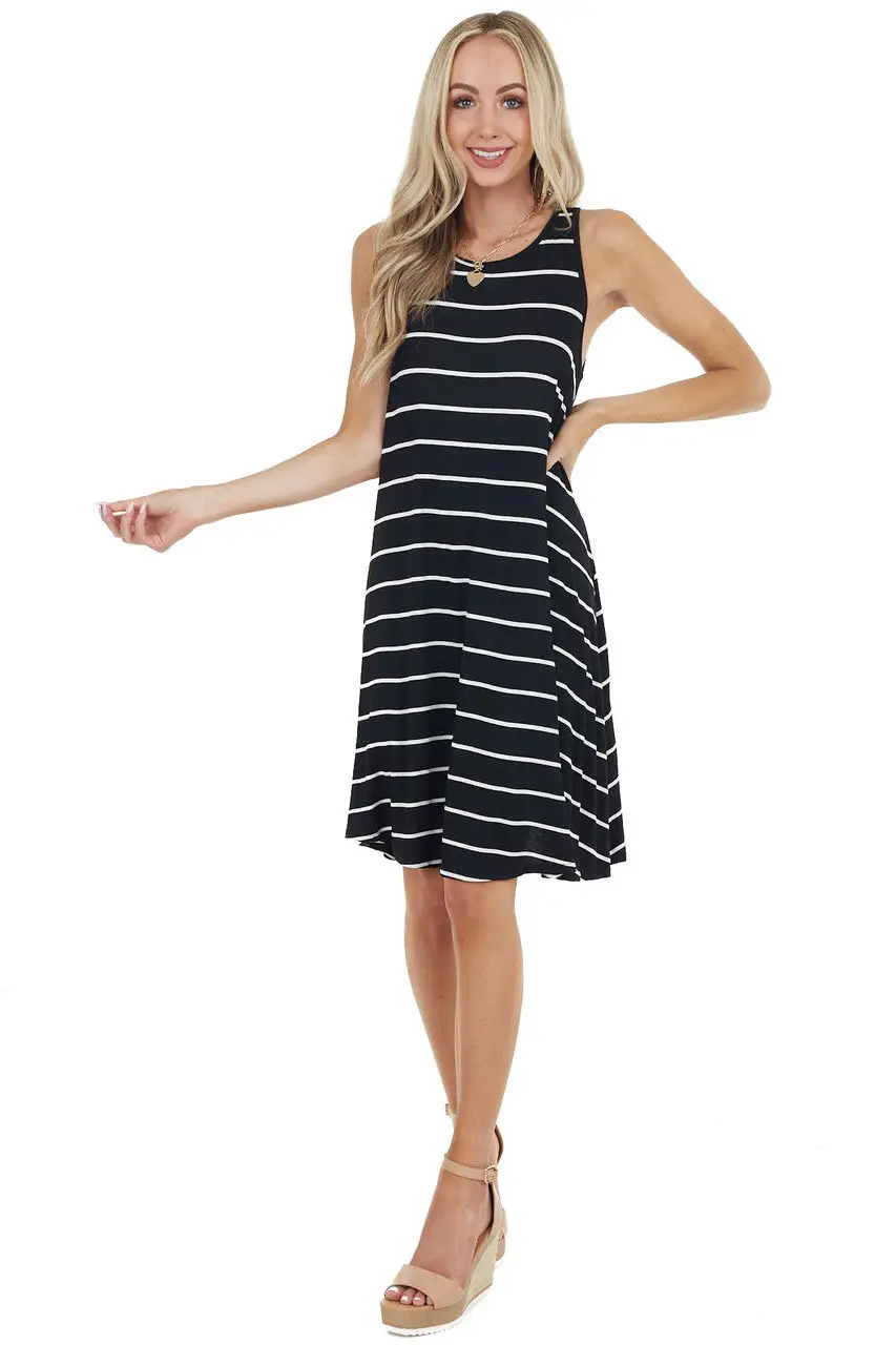 Black and Off White Striped Sleeveless Short Swing Dress