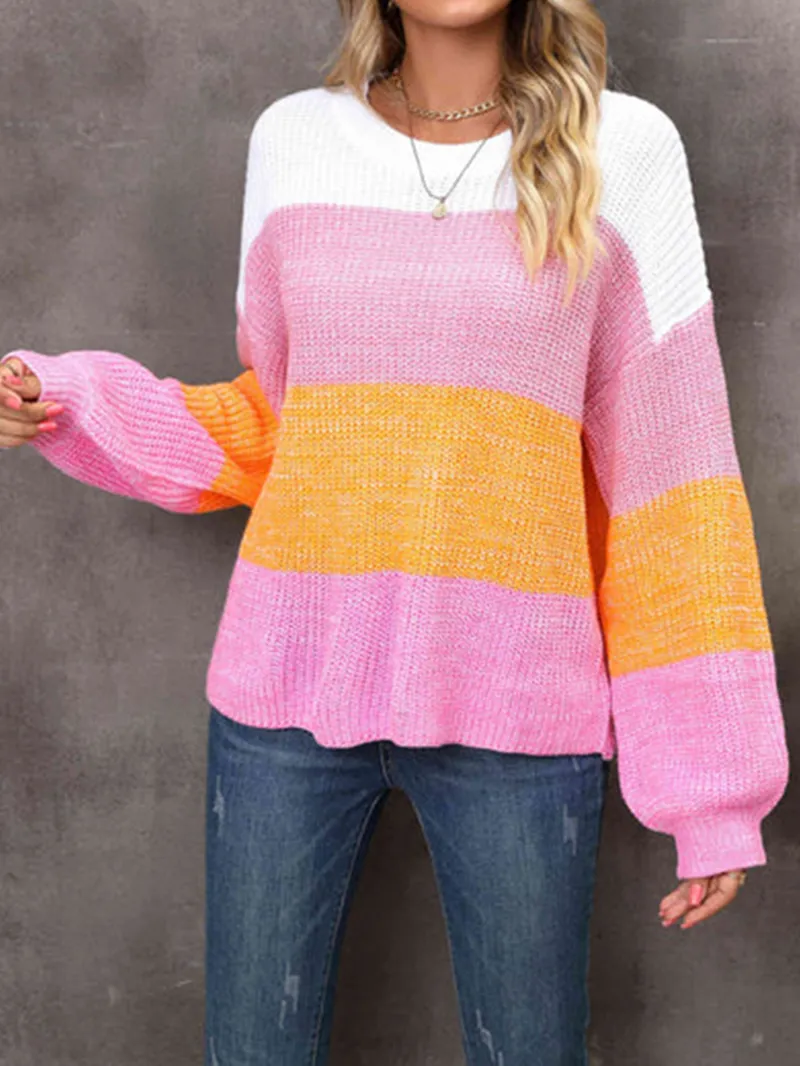 Ribbed Color Block Long Sleeve Sweater