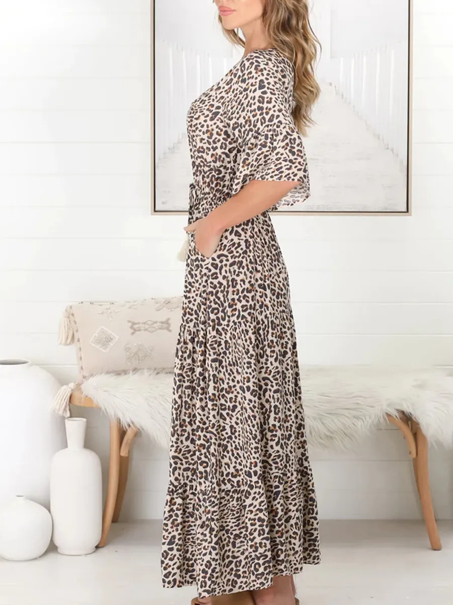 Black V-neck waistline leopard print Bohemian minimalist dress