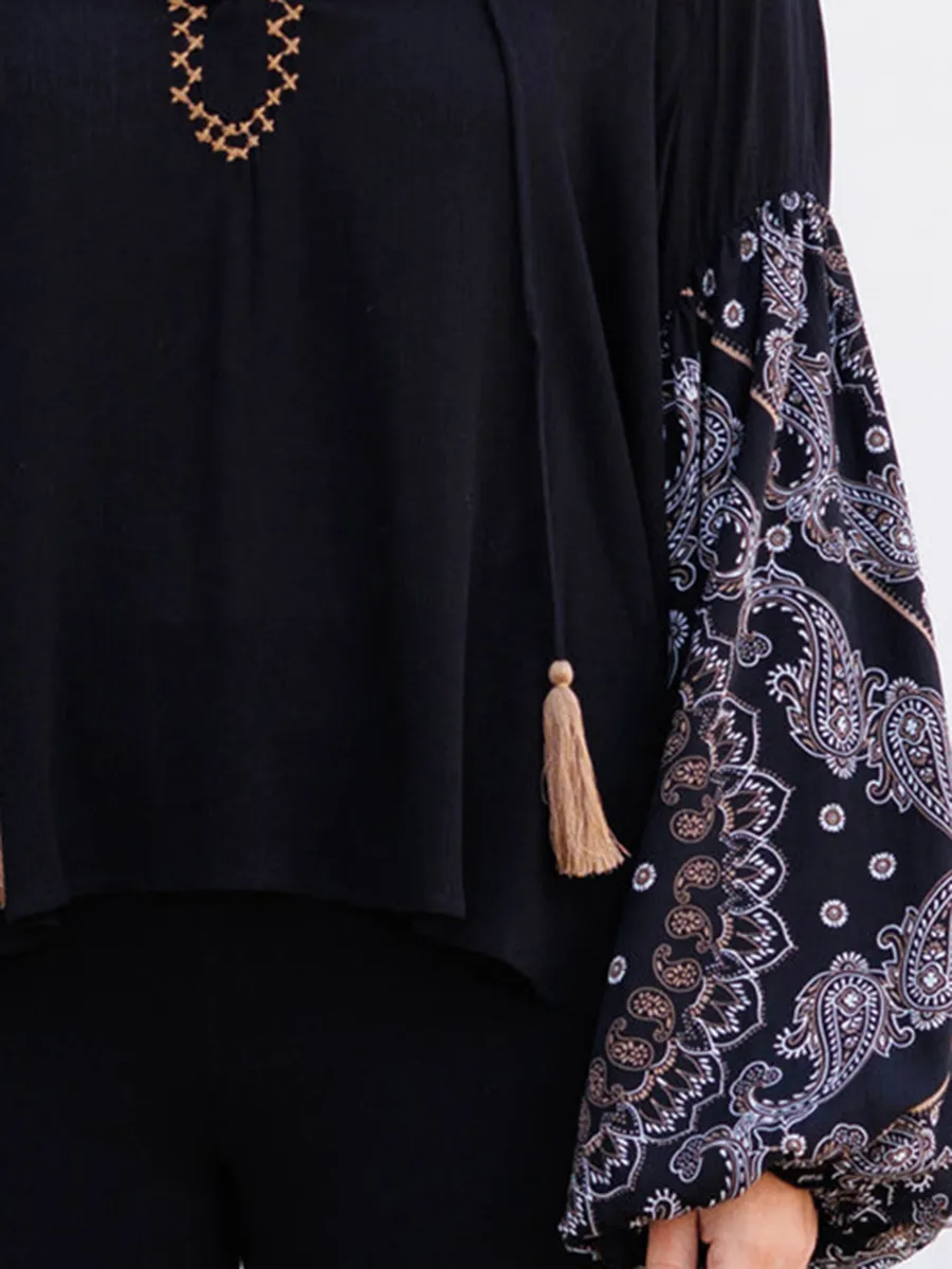 Embroidered lace up lantern sleeve shirt with patchwork cashew pattern