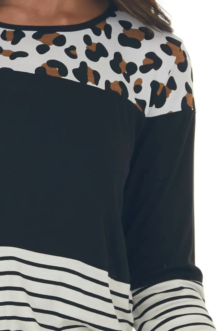 Black Colorblock Leopard Print Long Sleeve Top