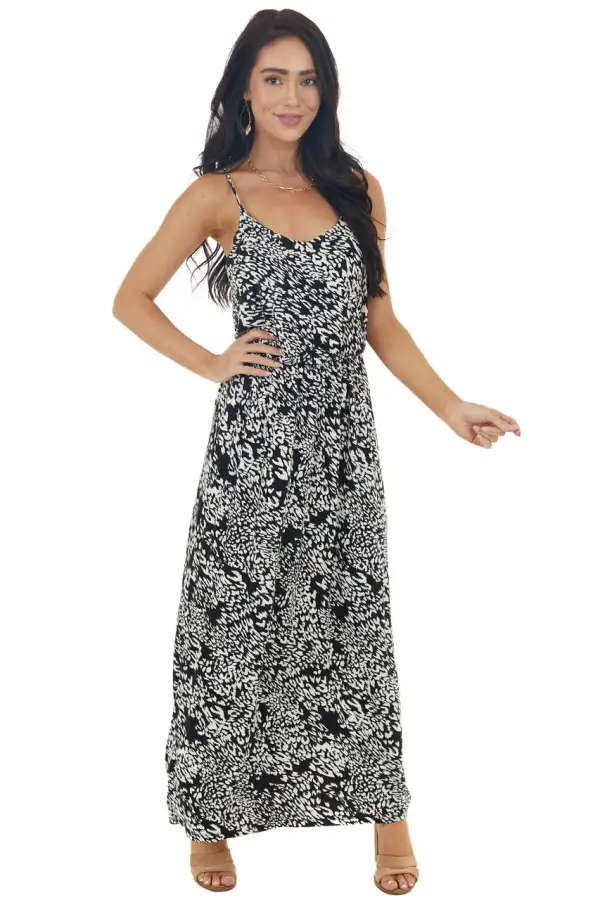 Black and Ivory Leopard Print Sleeveless Blouson Maxi Dress