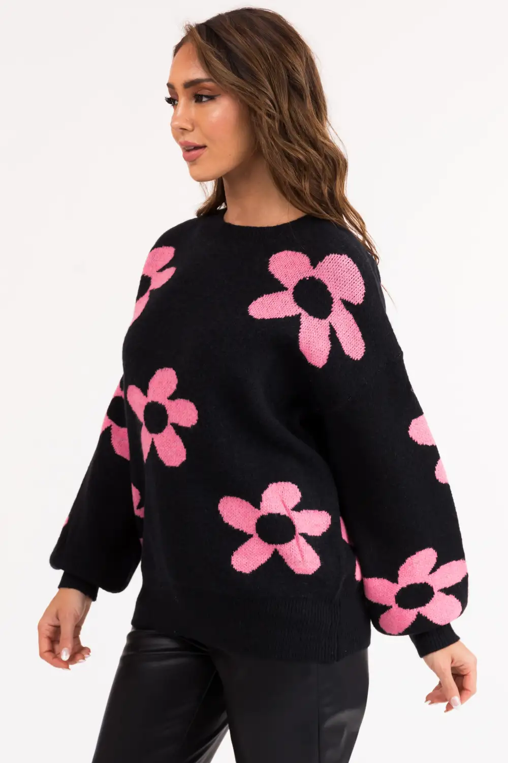 Black and Baby Pink Floral Print Knit Sweater