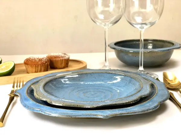 Blue dinnerware set.