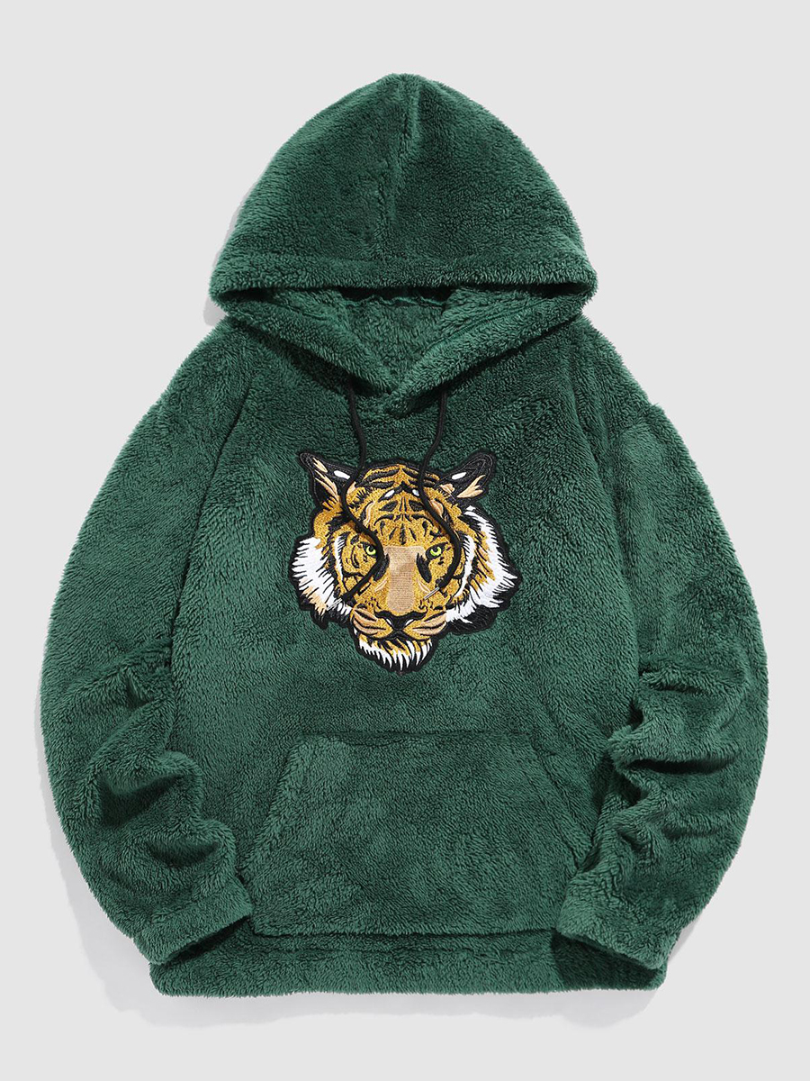 Men's tiger embroidered pocket puffy hoodie