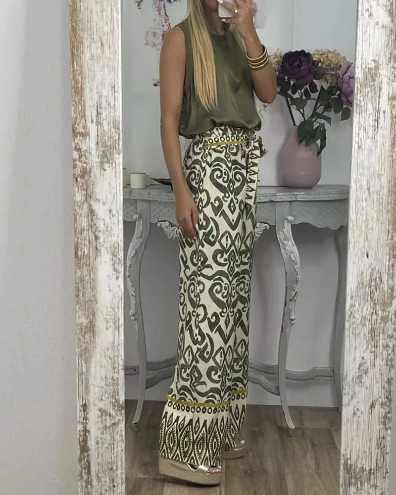 Summer printed belt loose casual trousers