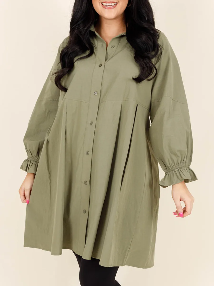 Green pleated button loose fitting shirt