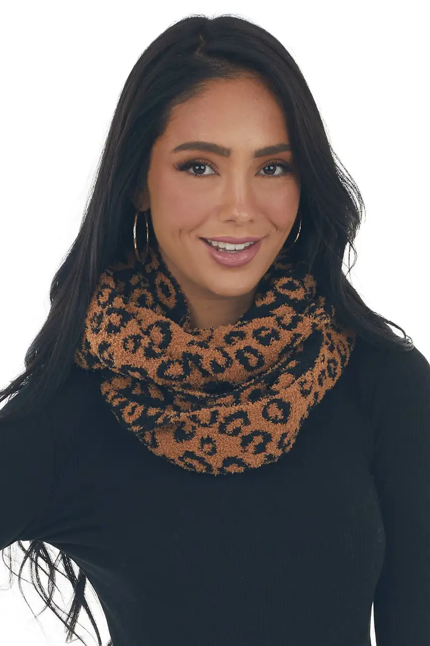Black and Caramel Leopard Print Infinity Scarf