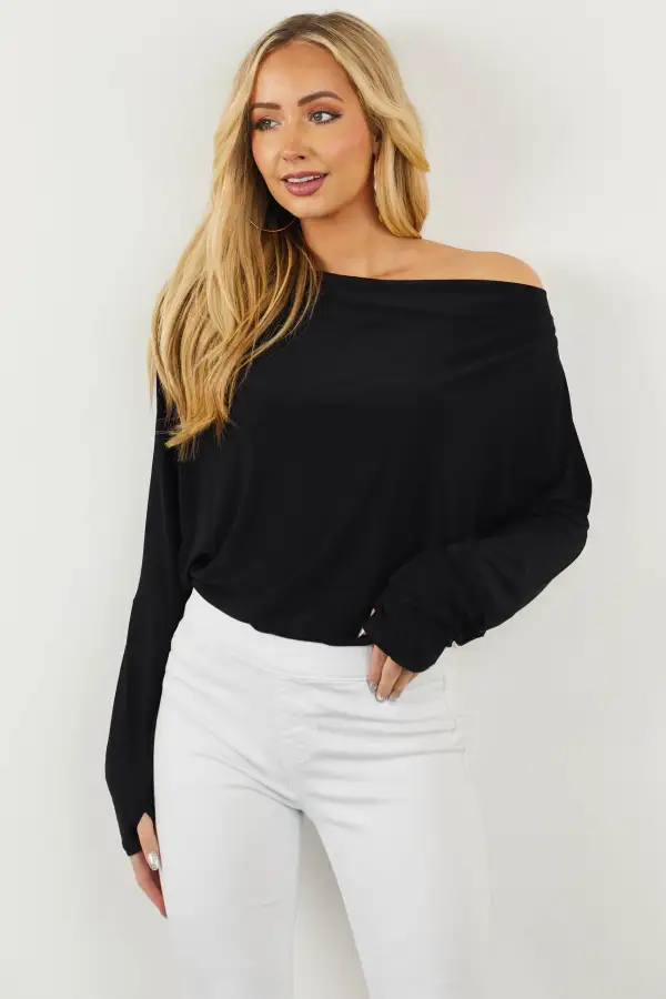 Black Cowl Neck Thumb Hole Silky Knit Top