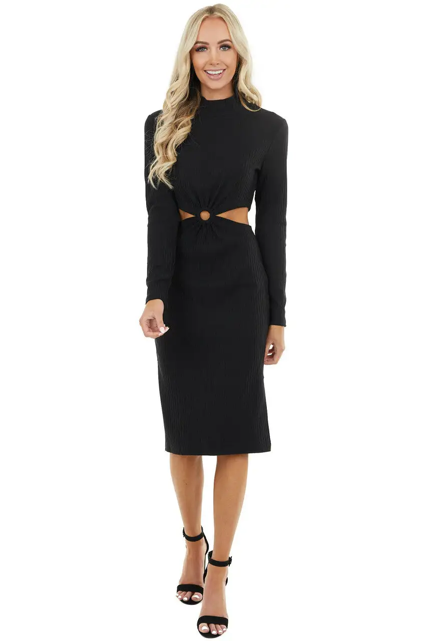 Black Bodycon Ribbed Knit Dress with Waist Cutout Detail