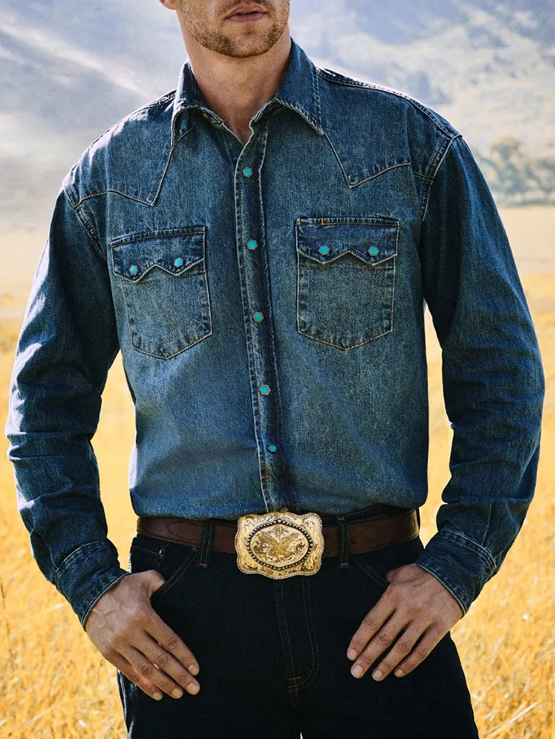 Men's Turquoise Snap Western Denim Shirt