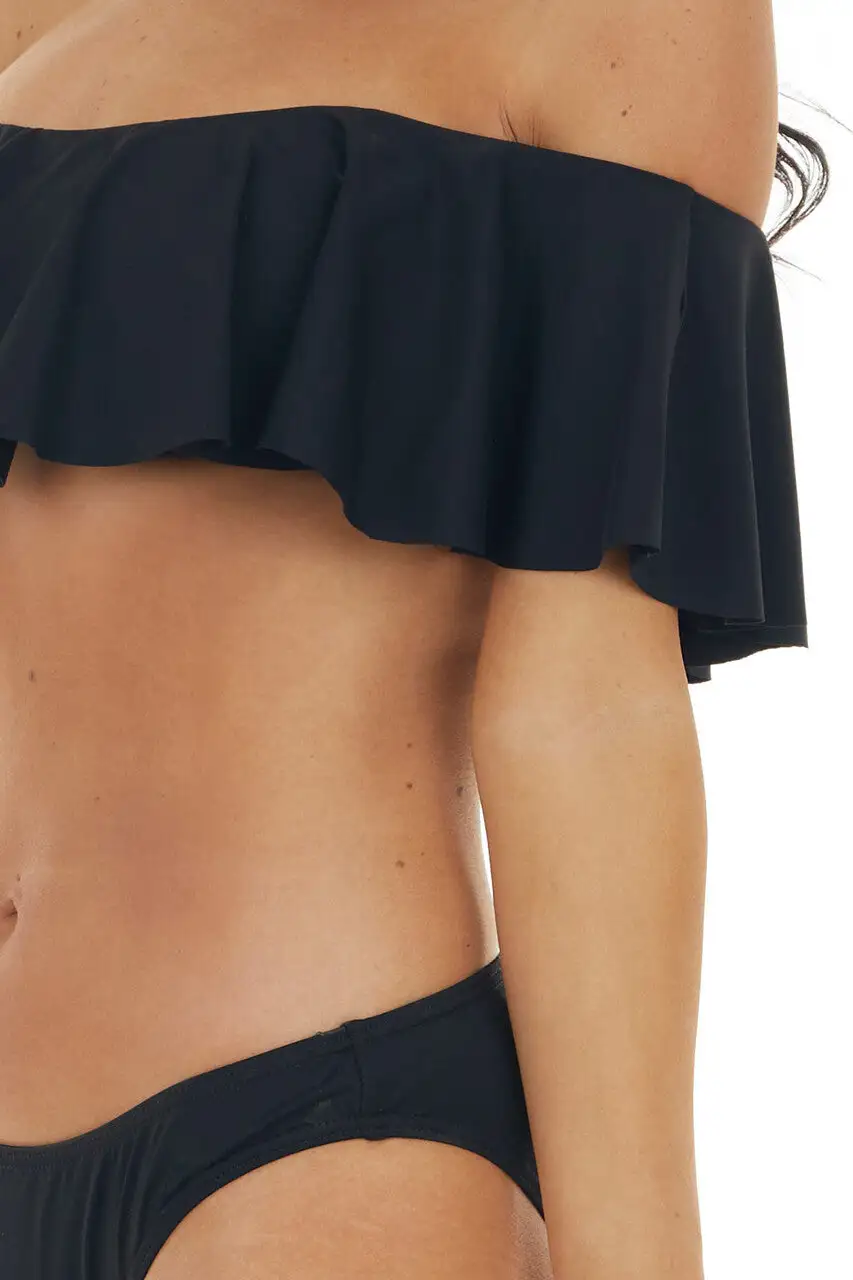 Black Bandeau Style Bikini with Ruffled Overlay Details
