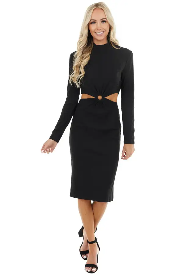 Black Bodycon Ribbed Knit Dress with Waist Cutout Detail