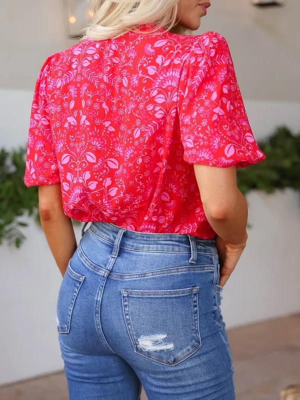 Pink Flower Bubble Sleeve Lace Up Top