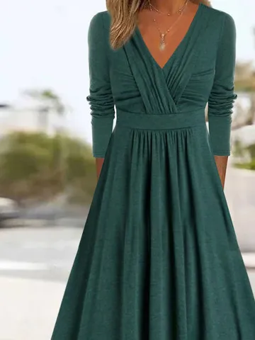 Women Plain V Neck Long Sleeve Comfy Casual Cross Maxi Dress