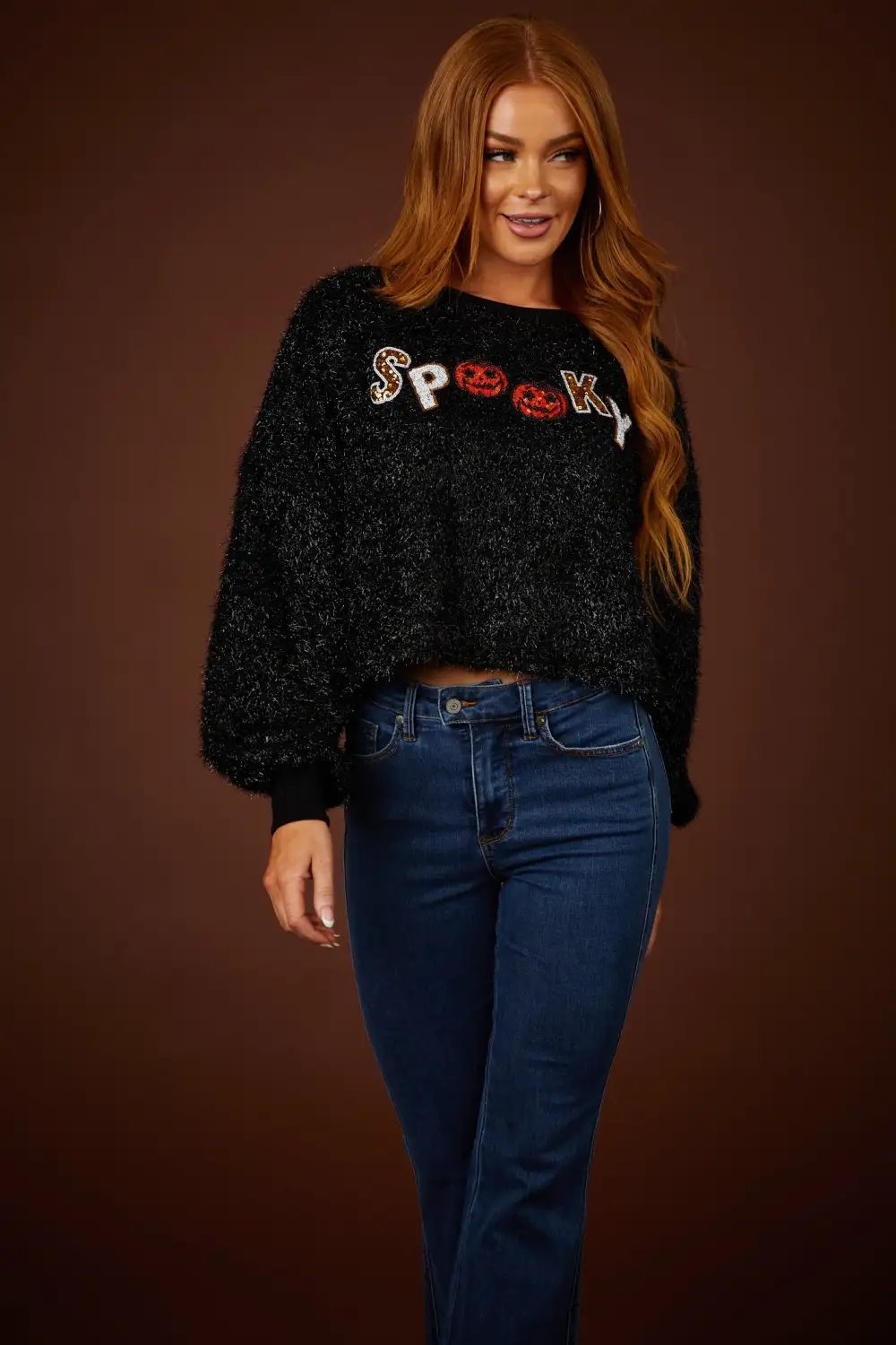 Black 'Spooky' Tencel Knit Graphic Cropped Sweater