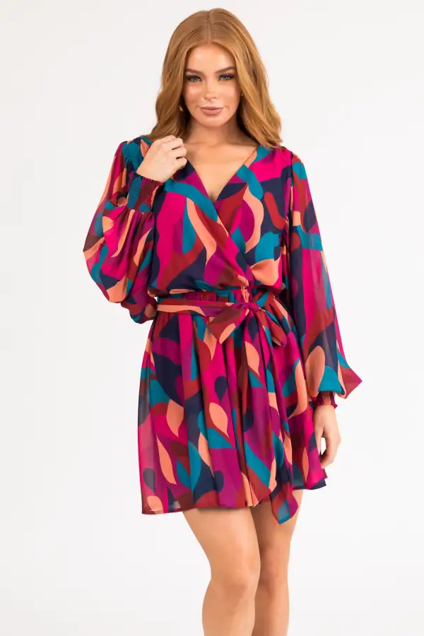 Berry Abstract Print Mini Dress with Waist Tie