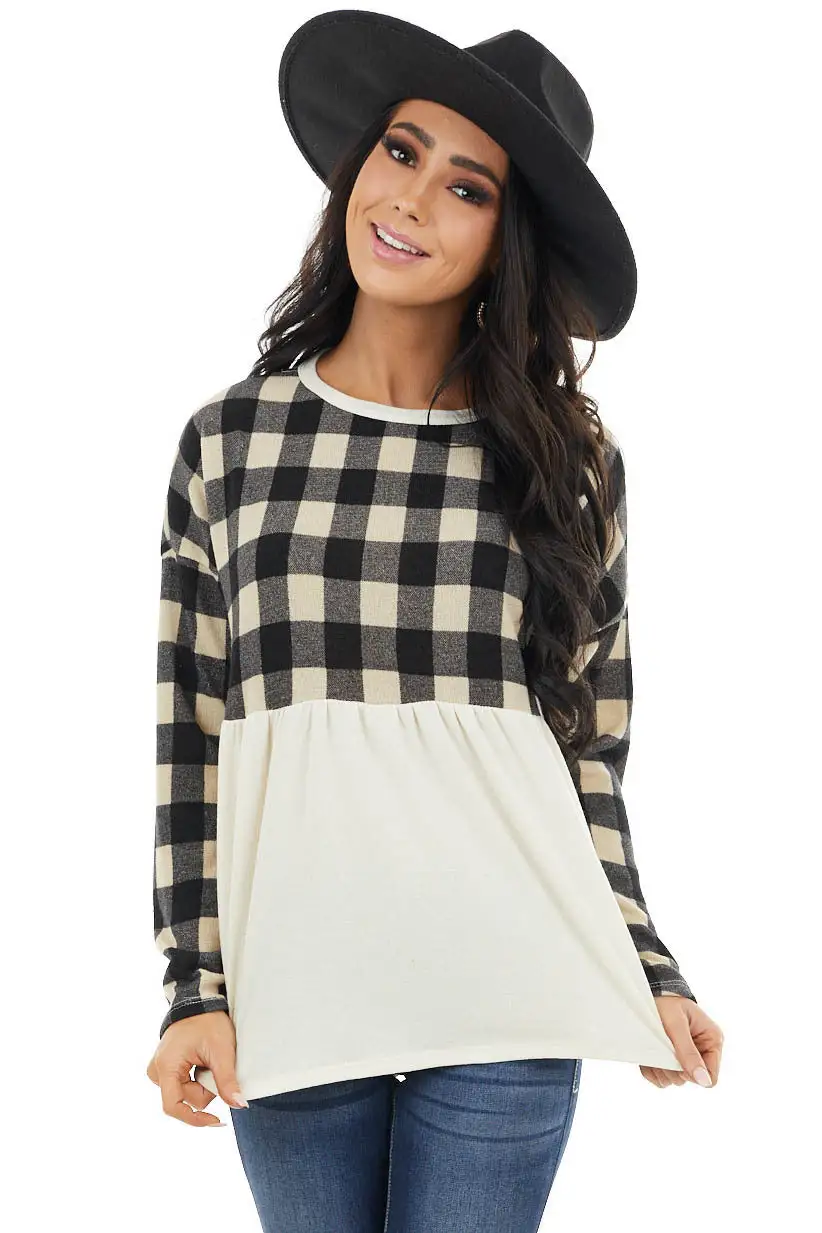 Black and Cream Buffalo Plaid Babydoll Top with Long Sleeves