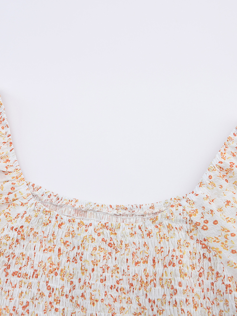 Apricot Boho Floral Smocked Puff Sleeve Mini Dress