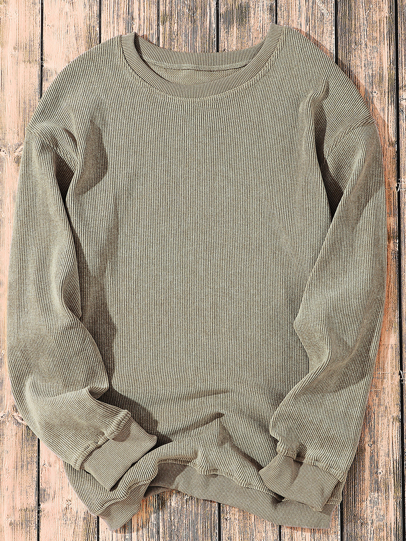 Green Solid Ribbed Knit Round Neck Pullover Sweatshirt