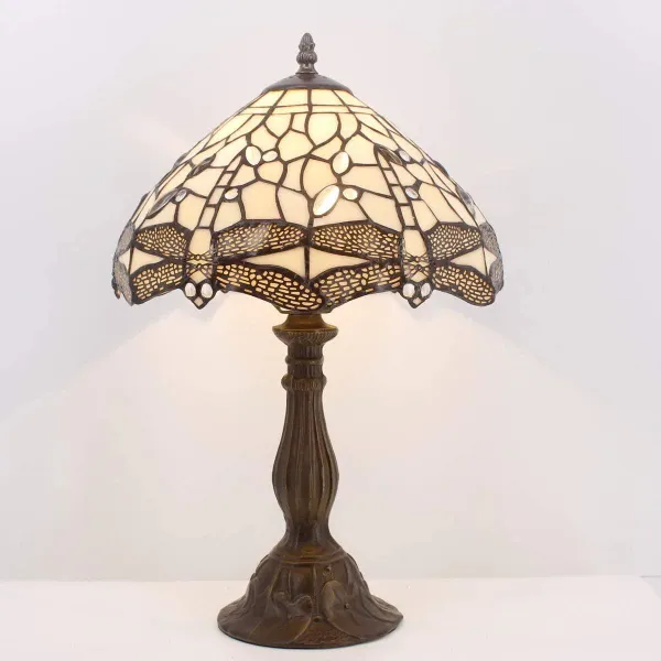 Tiffany Lamp Bedside Lamp Cream Stained Glass Table Lamp Dragonfly Desk Banker Light 18