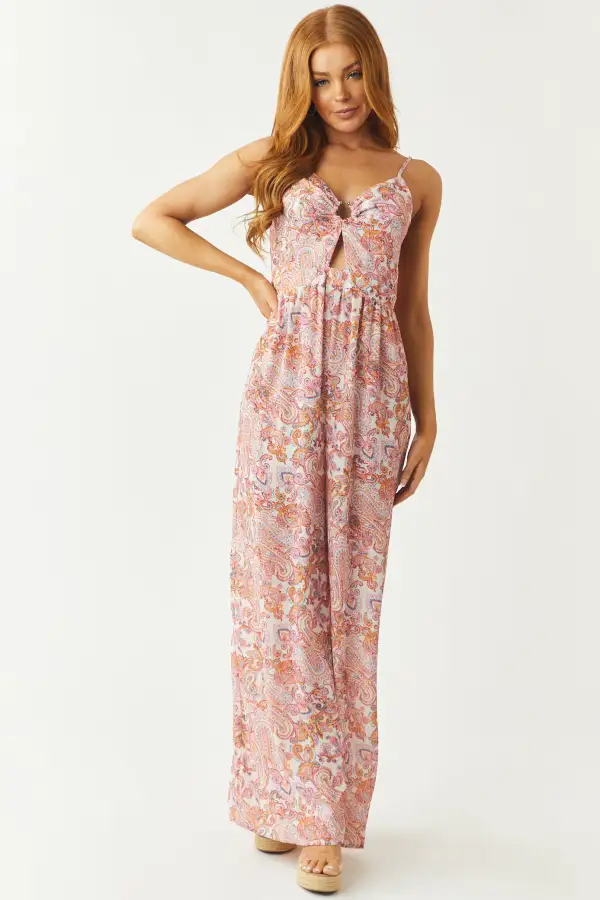 Baby Pink Paisley Metal Ring Cut Out Jumpsuit