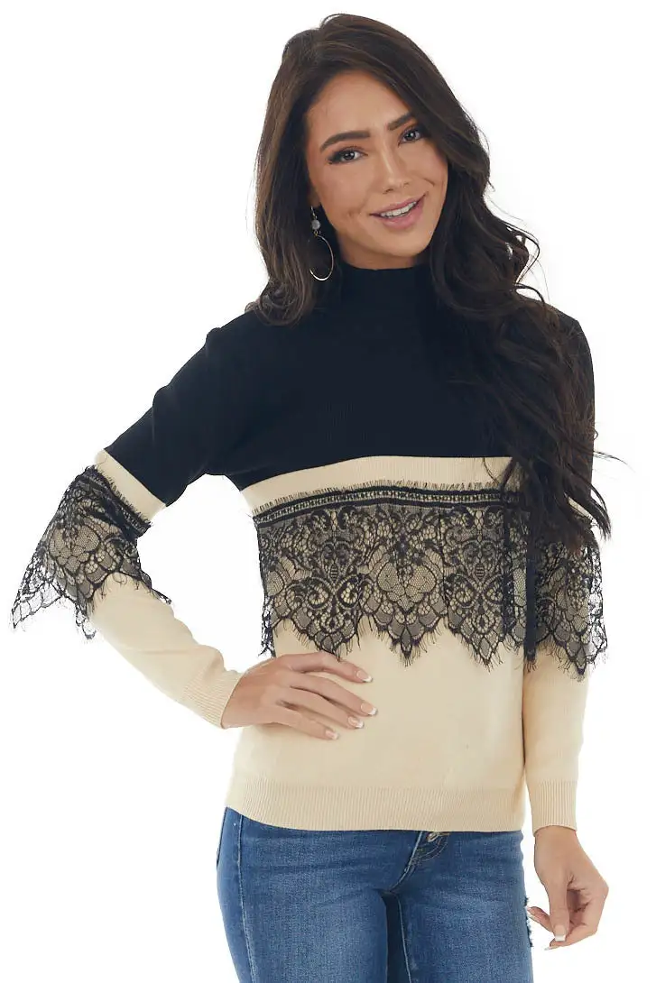 Black and Rich Beige Mock Neck Knit Sweater