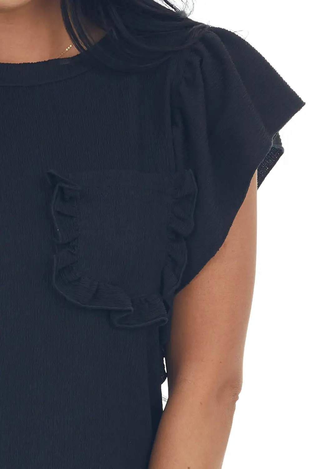 Black Crepe Knit Flutter Sleeve Top with Pocket